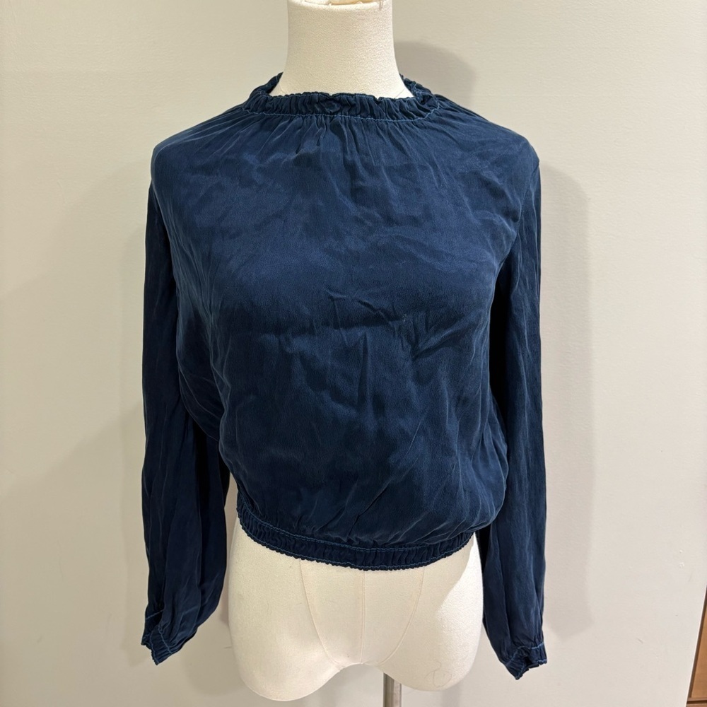 Bella Dahl‎ Blue Elastic Peasant Sleeve Blouse Sz XS Crew Neck Preppy Luxury